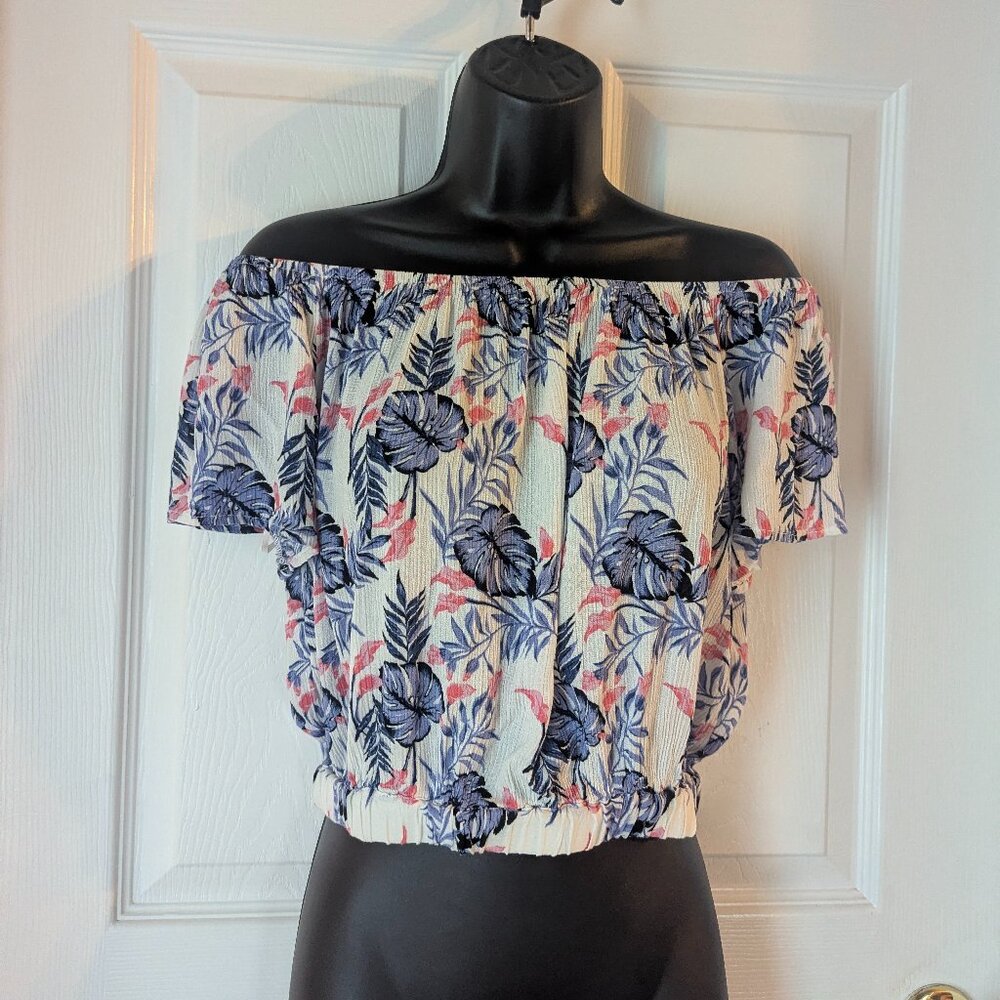 Elodie tropical leaf print top in blue white & pink - M